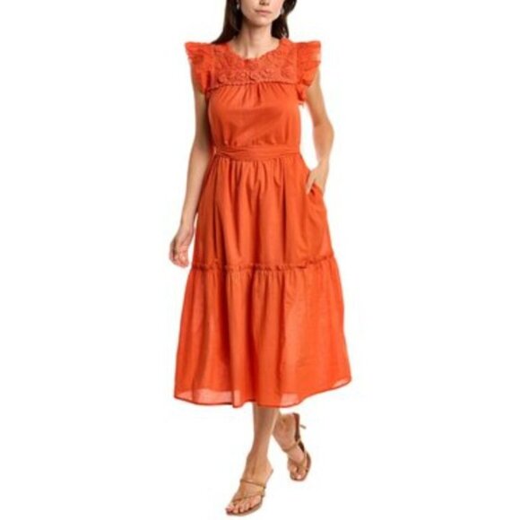 St Roche Kite Dress Tiered Crochet Detail Midi Orange Organic Cotton Size 4 - Picture 3 of 15